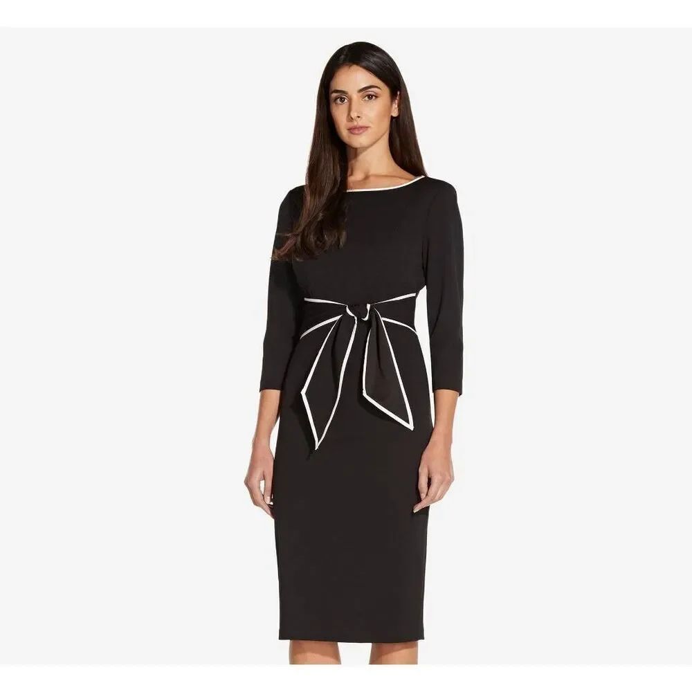 Adrianna Papell Tipped Crepe Tie Dress 16W Black Ivory Sheath Midi NWT